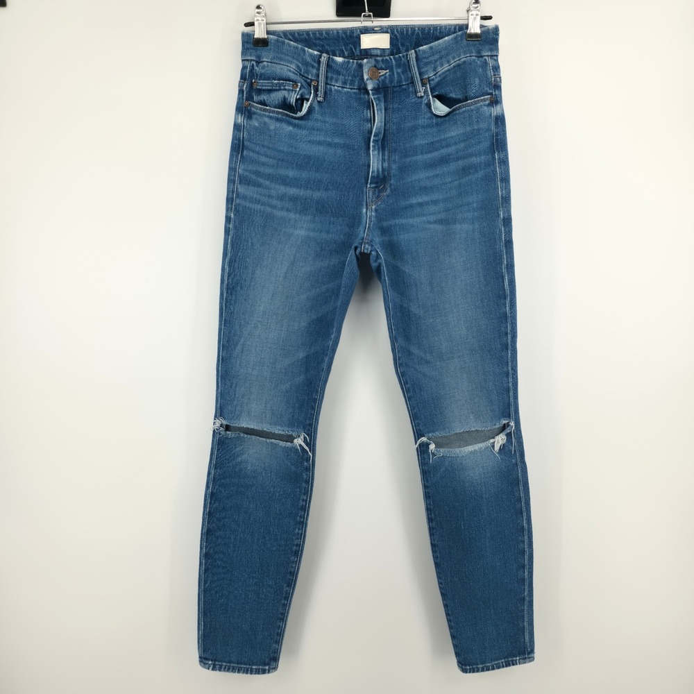 Mother High Waisted Looker Ankle Jeans Gold Rush Baby Distressed Blue Denim 27